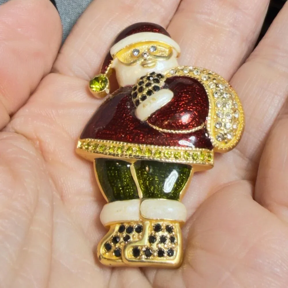 Santa Brooch Rhinestone Enamel Christmas Pin Gold Tone 2”